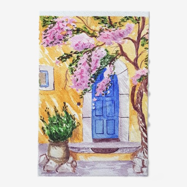Полотенце «Синяя дверь, желтый дом, цветущее дерево.»