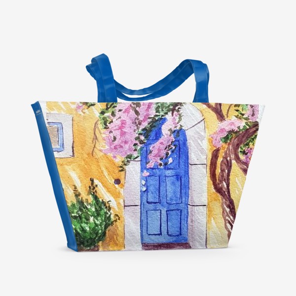 Пляжная сумка «Синяя дверь, желтый дом, цветущее дерево.»
