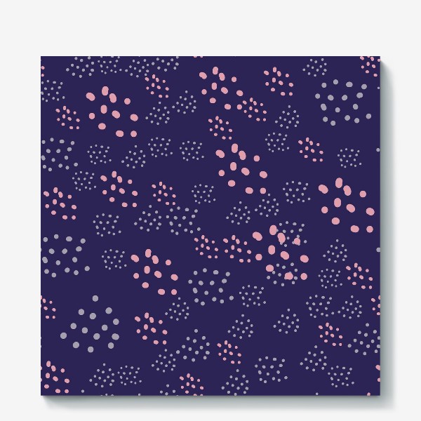 Холст «Абстрактные серые и розовые точки на синем, паттерн. Горох, polka dot»