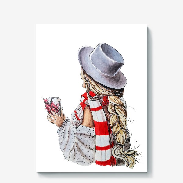 Холст «Девушка со стаканчиком кофе и осенними листьями, в шляпе и красно-белом шарфе. »