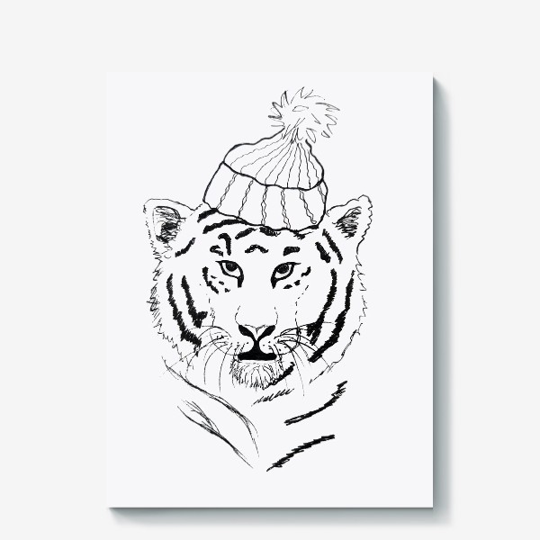 Холст «Тигр в шапке, черно-белый»