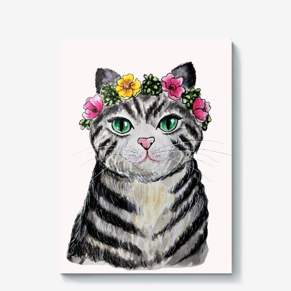 Холст «Серая полосатая кошка с венком цветов на голове. »