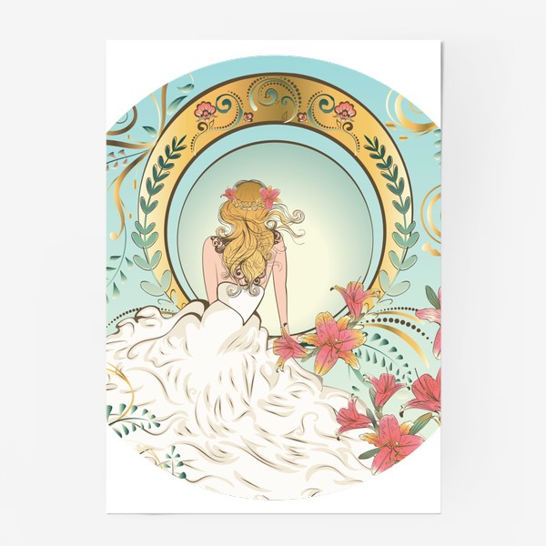 Постер «Блондинка в белом платье с розовыми лилиями»