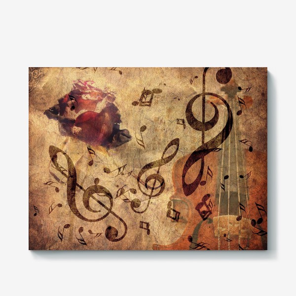 Холст «Старая скрипка, ноты и роза»