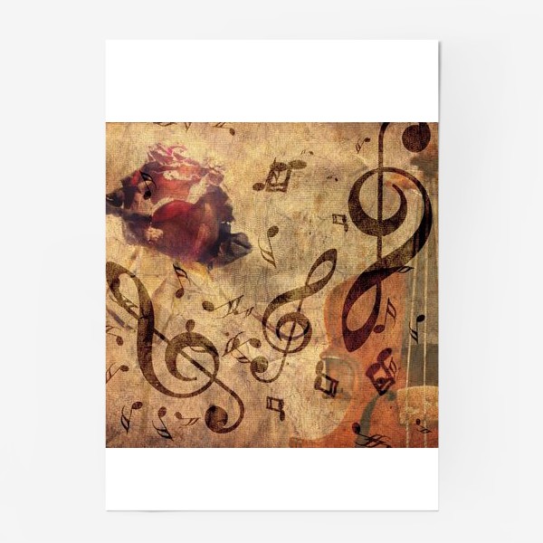 Постер «Старая скрипка, ноты и роза»