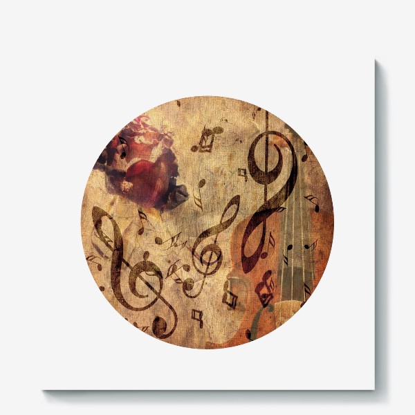 Холст «Старая скрипка, ноты с розой»