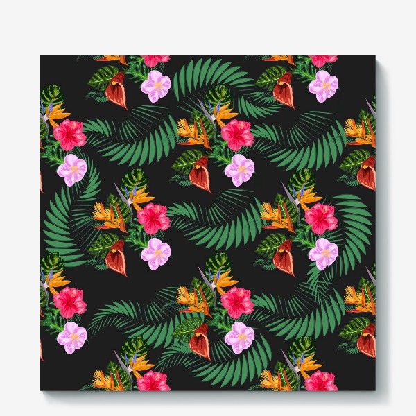 Холст «Тропические цветы и листья на черном, паттерн. Гибтскус, кала, пальма, стерлицца»
