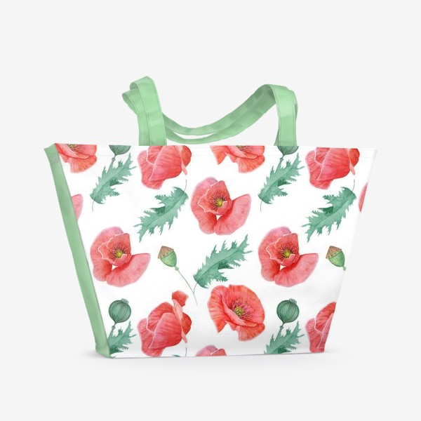 Пляжная сумка « Бесшовный рисунок / паттерн цветы красные Маки на белом фоне»