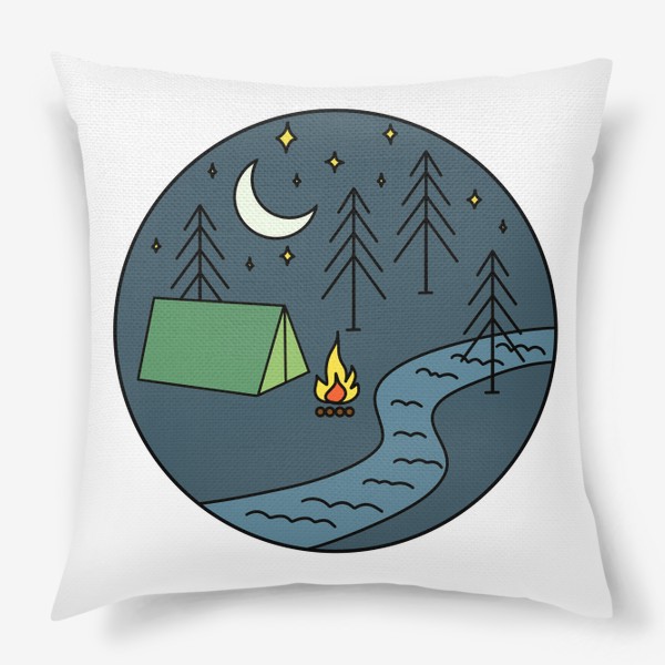 Подушка «Природа, ночь, палатка, деревья, костёр, луна.»