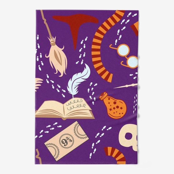 Полотенце &laquo;Гарри Поттер узор оранжево-фиолетовый: шарф, волшебная палочка, череп, зелье, снитч, билет, метла, очки, ключ и др.&raquo;