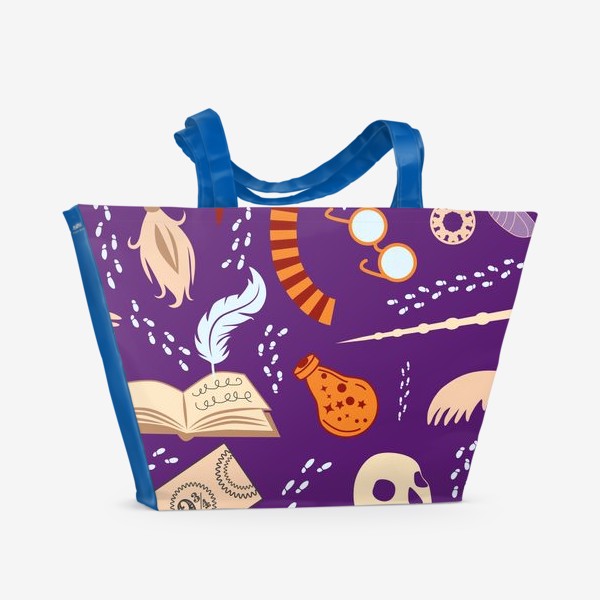 Пляжная сумка «Гарри Поттер узор оранжево-фиолетовый: шарф, волшебная палочка, череп, зелье, снитч, билет, метла, очки, ключ и др.»