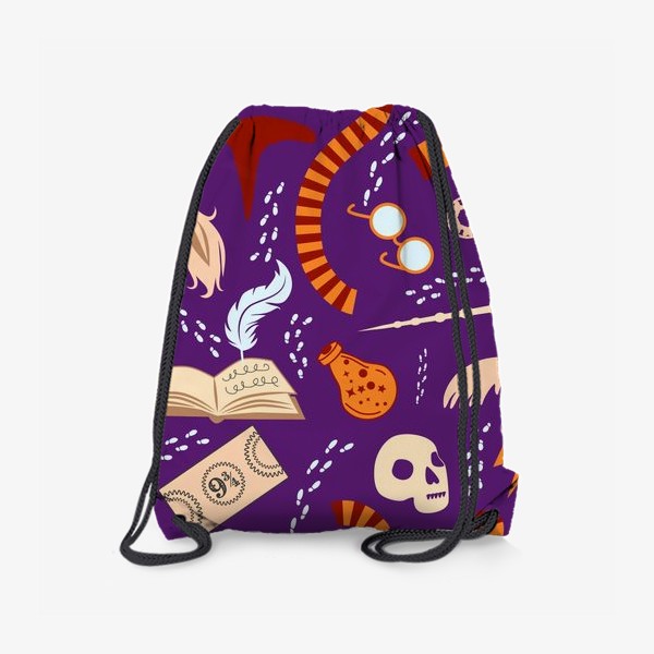 Рюкзак «Гарри Поттер узор оранжево-фиолетовый: шарф, волшебная палочка, череп, зелье, снитч, билет, метла, очки, ключ и др.»