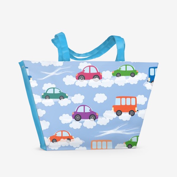 Пляжная сумка «По дороге с облаками. Паттерн с машинками»