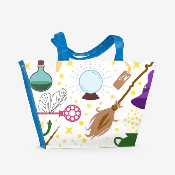 Пляжная сумка «Волшебство паттерн. Гарри Поттер, магические предметы: палочка, метла, котел, тыква, паук, череп, змея, шар, шляпа, ключ»