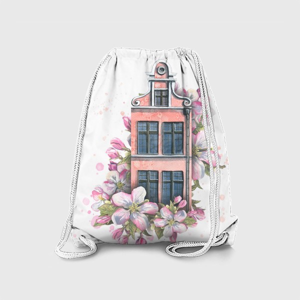 Рюкзак «Европейский домик в цветах яблони. Акварель.»
