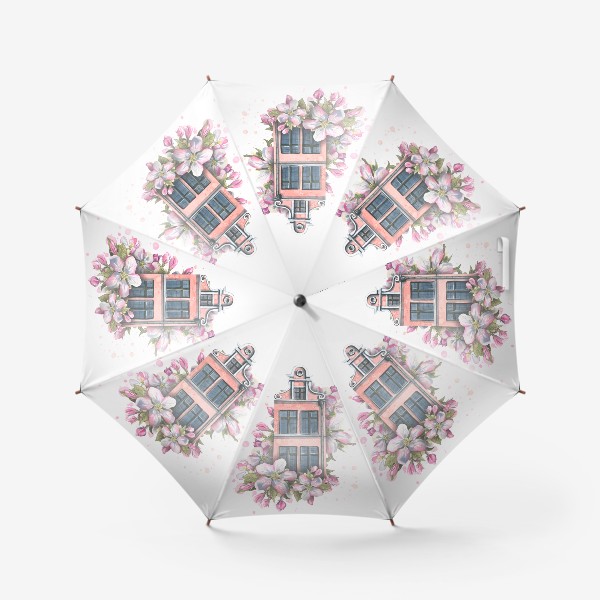 Зонт «Европейский домик в цветах яблони. Акварель.»