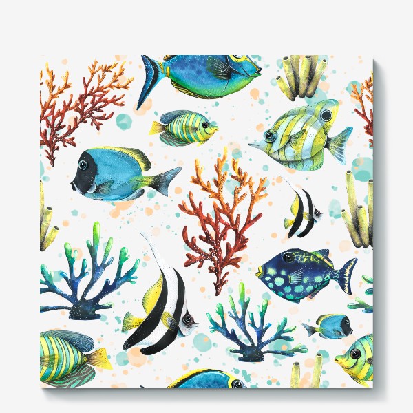 Холст &laquo;Яркие тропические рыбки, кораллы. Подводный мир. Акварель.&raquo;