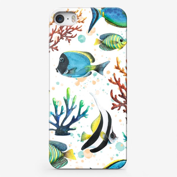 Чехол iPhone «Яркие тропические рыбки, кораллы. Подводный мир. Акварель.»