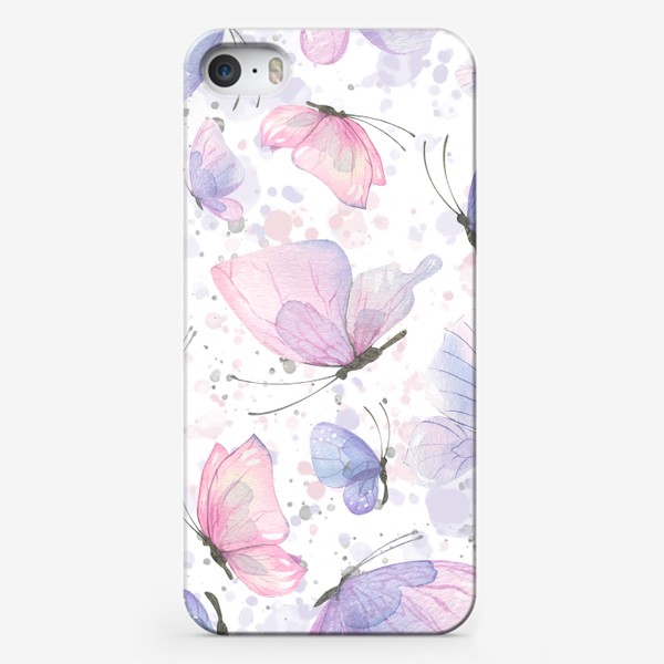 Чехол iPhone «Розовые, фиолетовые, голубые бабочки. Акварель, паттерн.»