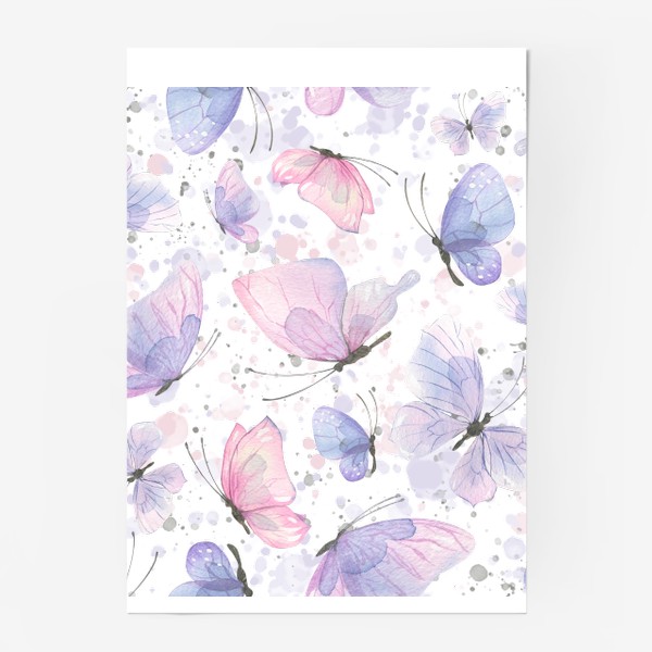 Постер «Розовые, фиолетовые, голубые бабочки. Акварель, паттерн.»