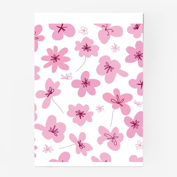 Постер «Цветочный графический дизайн. Рисованный бесшовный узор розовых цветов»