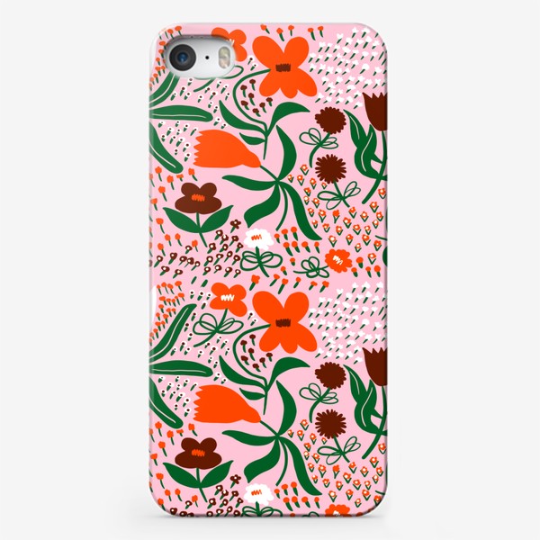 Чехол iPhone «Узор цветущая цветочная поляна паттерн розовый фон»