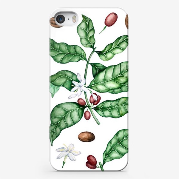 Чехол iPhone «Кофейные ветки, листья и зерна. Акварель»