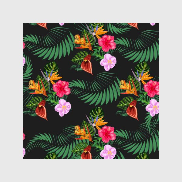 Шторы «Тропические цветы и листья на черном, паттерн. Гибтскус, кала, пальма, стерлицца»