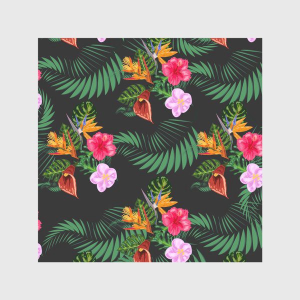 Скатерть &laquo;Тропические цветы и листья на черном, паттерн. Гибтскус, кала, пальма, стерлицца&raquo;