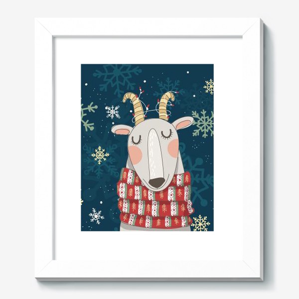 Картина «Мечтательная коза в шарфе с елочками. Паттерн из снежинок на фоне. »