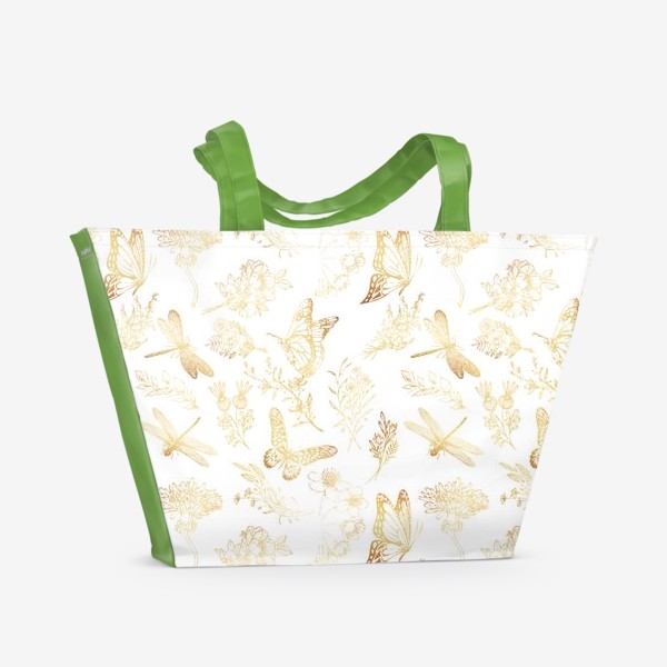 Пляжная сумка «Золотые цветы бабочки и стрекозы. Винтаж»