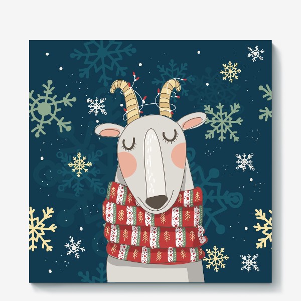 Холст «Мечтательная коза в шарфе с елочками. Паттерн из снежинок на фоне. »