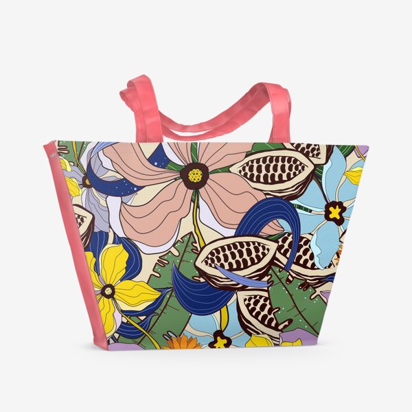Пляжная сумка «Цветочная абстракция с какао бобами»