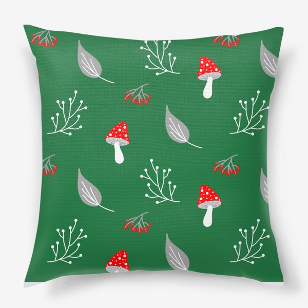 Подушка «Грибы мухоморы, ягоды, веточки, листья на зеленом фоне, паттерн»