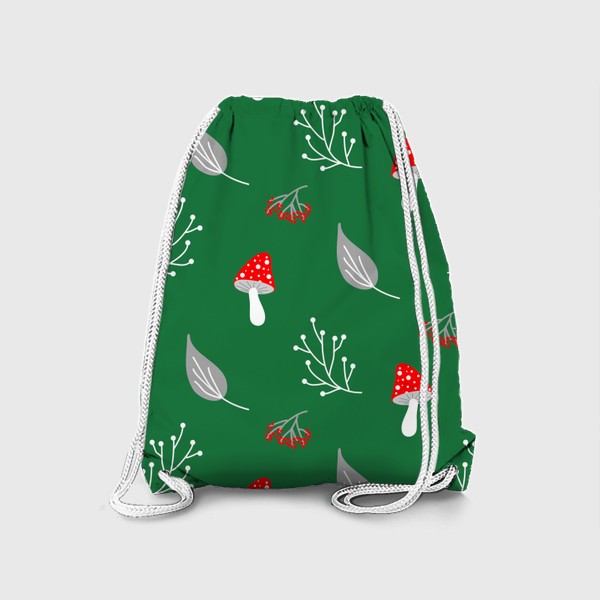Рюкзак «Грибы мухоморы, ягоды, веточки, листья на зеленом фоне, паттерн»