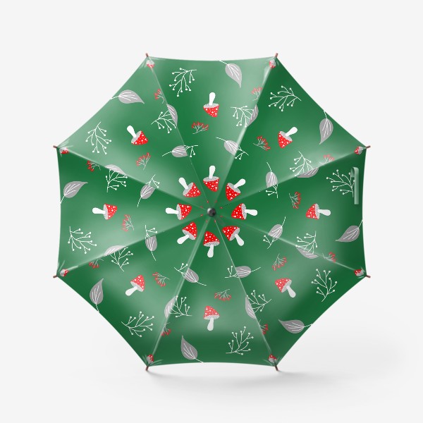 Зонт &laquo;Грибы мухоморы, ягоды, веточки, листья на зеленом фоне, паттерн&raquo;