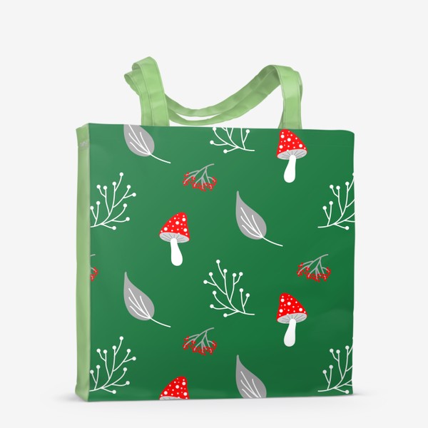 Сумка-шоппер «Грибы мухоморы, ягоды, веточки, листья на зеленом фоне, паттерн»