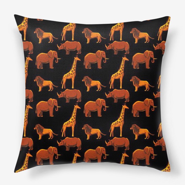 Подушка &laquo;Паттерн животными (лев, слон, жираф, носорог) из Африканской этнической серии&raquo;