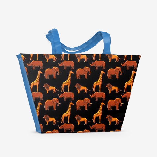 Пляжная сумка «Паттерн животными (лев, слон, жираф, носорог) из Африканской этнической серии»