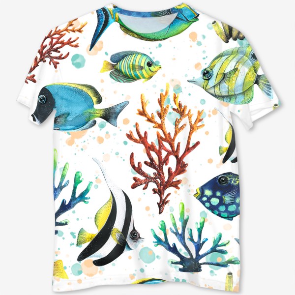 Футболка с полной запечаткой «Яркие тропические рыбки, кораллы. Подводный мир. Акварель.»