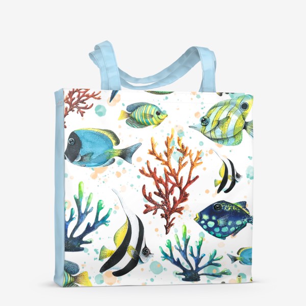 Сумка-шоппер «Яркие тропические рыбки, кораллы. Подводный мир. Акварель.»