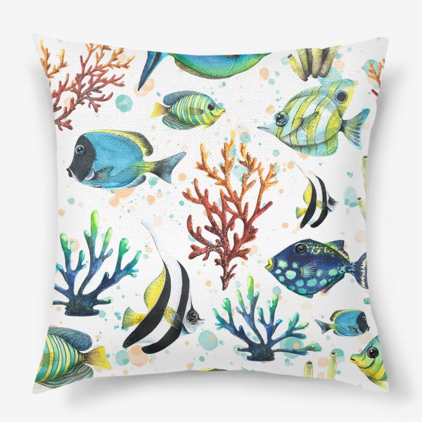 Подушка «Яркие тропические рыбки, кораллы. Подводный мир. Акварель.»