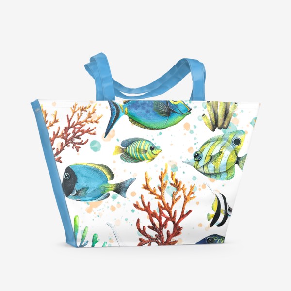 Пляжная сумка &laquo;Яркие тропические рыбки, кораллы. Подводный мир. Акварель.&raquo;