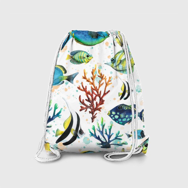 Рюкзак «Яркие тропические рыбки, кораллы. Подводный мир. Акварель.»