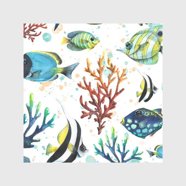 Скатерть &laquo;Яркие тропические рыбки, кораллы. Подводный мир. Акварель.&raquo;