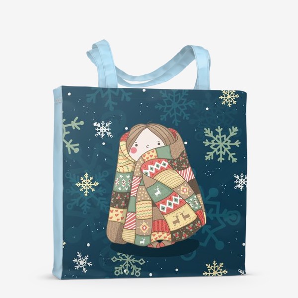 Сумка-шоппер «Девочка в цветном теплом одеяле с оленями и рождественскими узорами. Зима. Уют. Добро. »