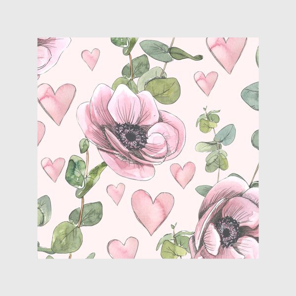 Скатерть &laquo;Розовые цветы анемоны, сердечки, веточки эвкалипта. Акварель, паттерн.&raquo;