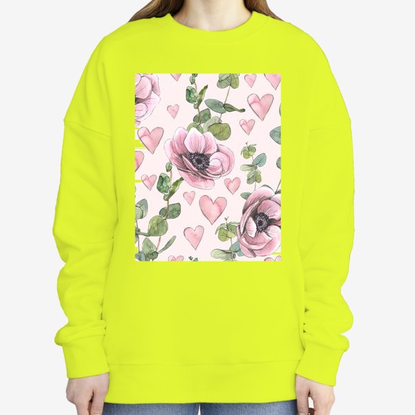 Свитшот «Розовые цветы анемоны, сердечки, веточки эвкалипта. Акварель, паттерн.»