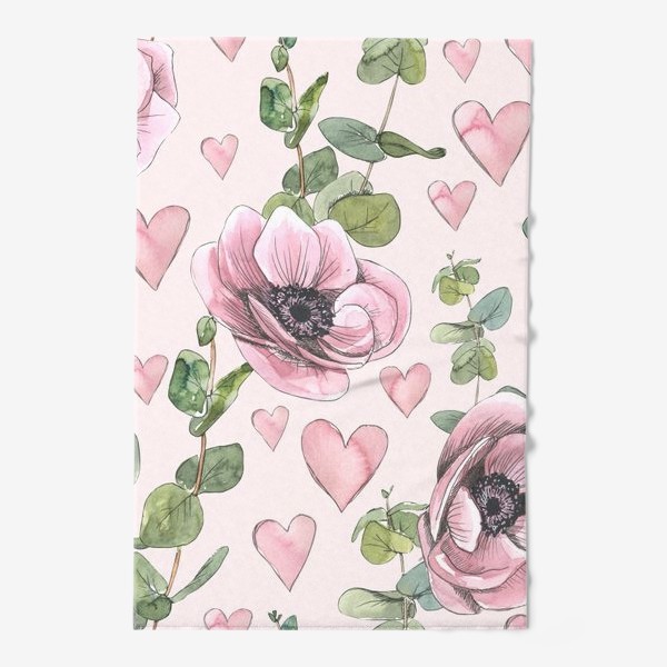 Полотенце &laquo;Розовые цветы анемоны, сердечки, веточки эвкалипта. Акварель, паттерн.&raquo;