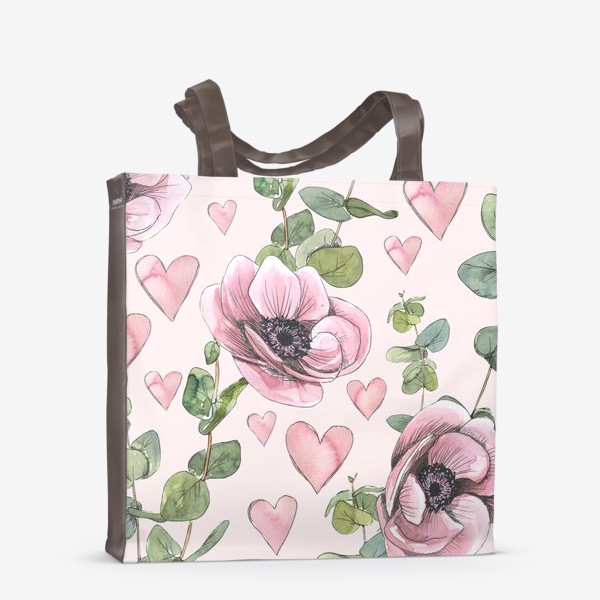 Сумка-шоппер «Розовые цветы анемоны, сердечки, веточки эвкалипта. Акварель, паттерн.»